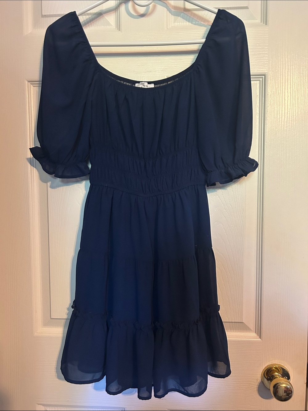 Navy Puff Sleeve Tiered Mini Dress